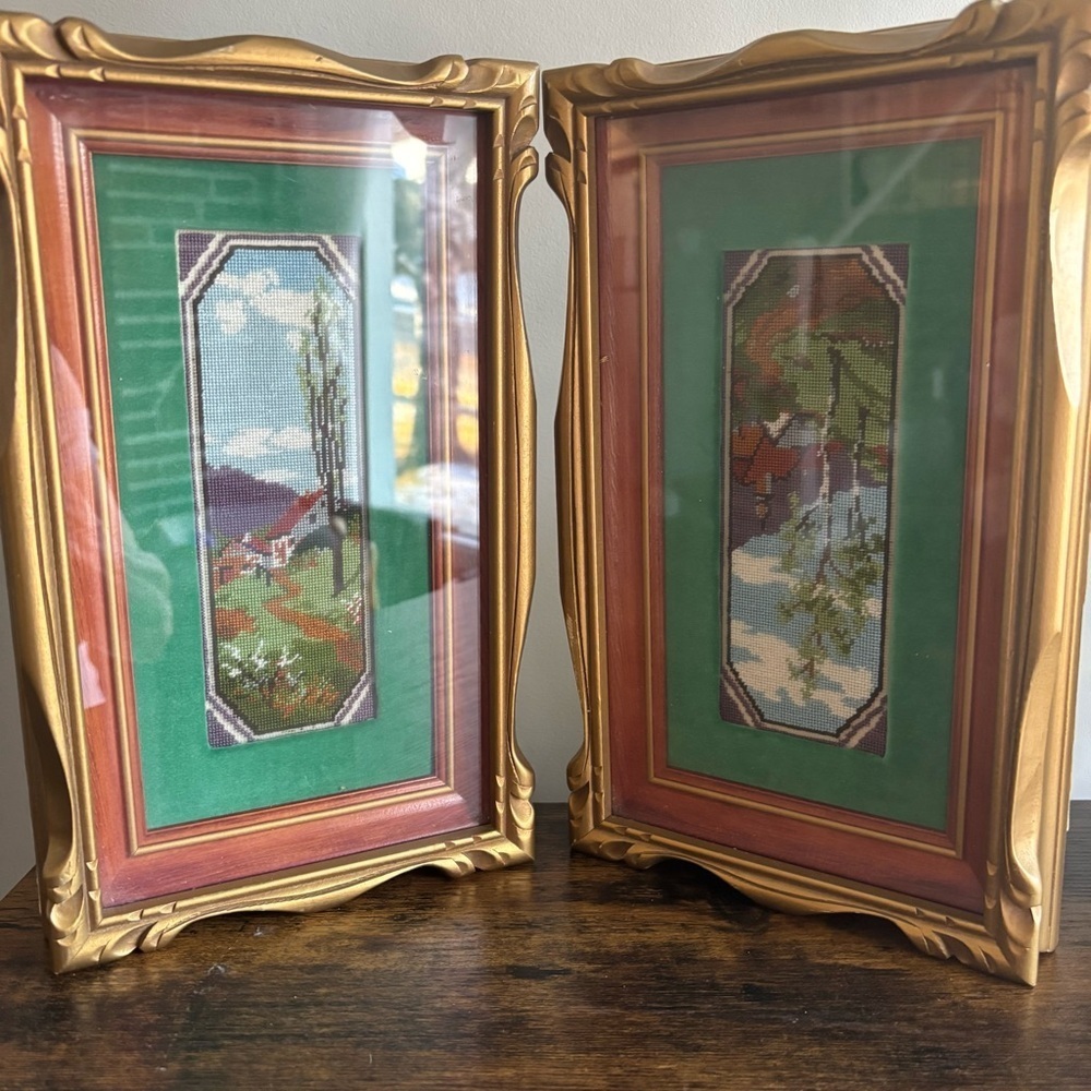 Vintage| Antique Gold Framed Landscape Art Petit Point Needlepoint Pair 11 x 6”